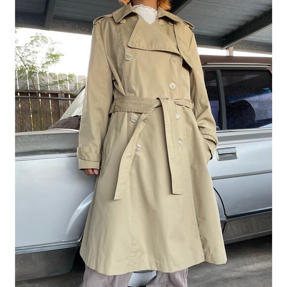 🔥Vintage Classic Double Breasted Khaki Midi Trench Coat Preppy Minimalist XL - Picture 1 of 16